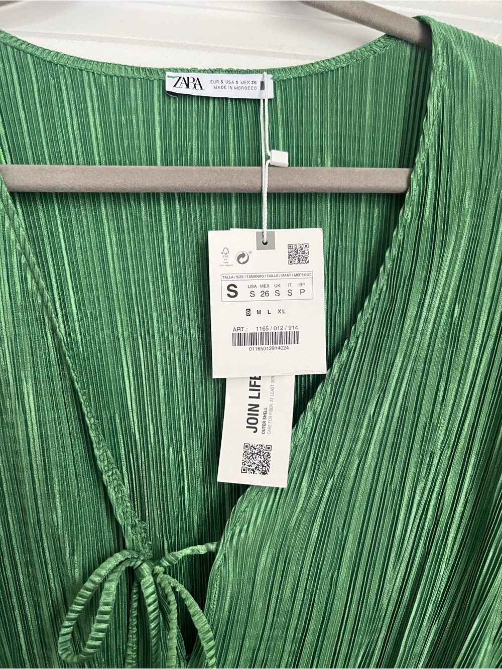 NWT Zara Emerald Green Lightweight Crepe Ribbed Textured Ruffle Long Sleeve - Picture 3 of 3
